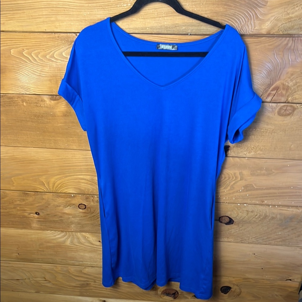 BTFBM Women Summer Relaxed Dress Royal Blue Summer V-Neck Lg Mini Casual Pockets